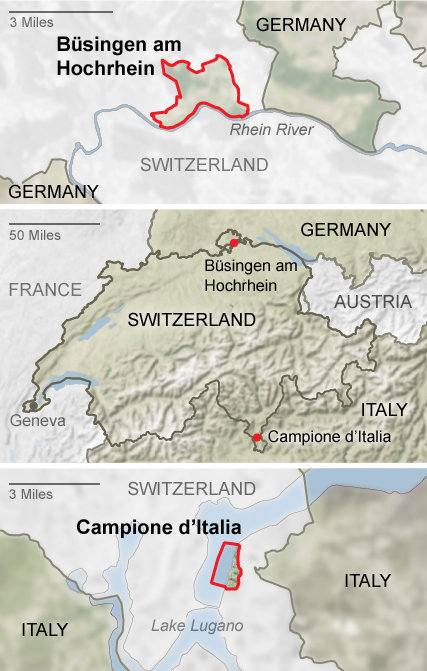 The two international enclaves of Switzerland: Büsingen and Campione (Source: NY Times)